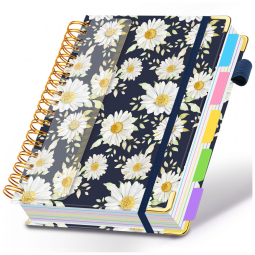 Caderno universitário espiral HDhuiun 8x10, 5 matérias, 300 páginas pautadas, divisórias com bolsos e abas, capa floral margaridas brancas