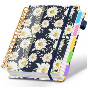 Caderno universitário espiral HDhuiun 8x10, 5 matérias, 300 páginas pautadas, divisórias com bolsos e abas, capa floral margaridas brancas