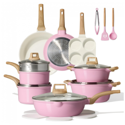 Conjunto de panelas cerâmicas CAROTE rosa com revestimento antiaderente e fundo para indução 21 peças