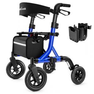 Andador para Idoso com Assento, Altura Ajustável e Rodas de Borracha, MAXWALK, Azul