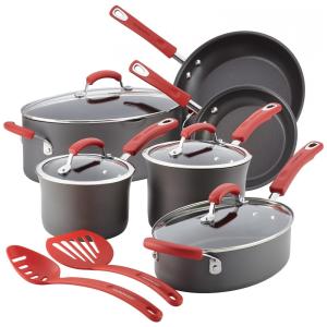 Conjunto de Panelas e Frigideiras Antiaderentes com Espátulas, 12 Peças, RACHAEL RAY 87656, Cinza