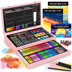 Kit Lápis de Cor Profissional com Maleta de Madeira 153 peças Tintas Acrílicas, Aquarela, CALIART, Rosa