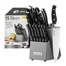 Conjunto de Facas em Aço Inoxidável com Afiador Embutido e Bloco de Bancada 15 Peças, MCCOOK, Preto