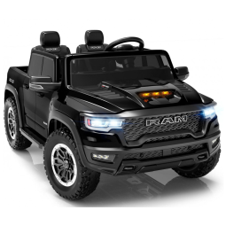 Carro Elétrico Infantil RAM 1500 24V Preto 2 Lugares com Controle Remoto, Bluetooth, Luzes LED, Baú e Cinto de Segurança