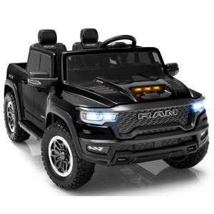 Carro Elétrico Infantil RAM 1500 24V Preto 2 Lugares com Controle Remoto, Bluetooth, Luzes LED, Baú e Cinto de Segurança