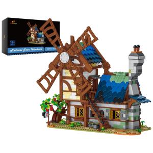 Kit de Construção Casa Moinho de Vento Medieval, com 1824 Peças, JMBricklayer, Cinza