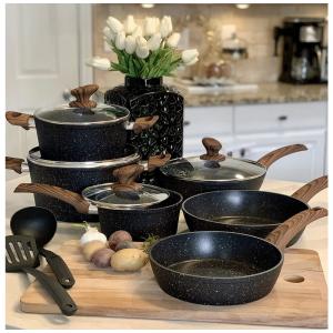 Conjunto Panelas Kitchen Academy 12 Peças Indução Antiaderente Granito Preto Alças Baquelite Vidro Alumínio
