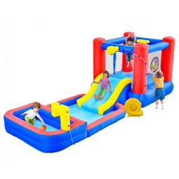 Parque Aquático Inflável com Sprinklers, Toboágua Aquático, Cestas de Basquete, Alvo de Dardos e Piscina Profunda WELLFUNTIME