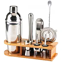 Kit Bartender Profissional 10 Peças em Aço Inoxidável com Suporte de Madeira, Hendricks Mixology, Prata