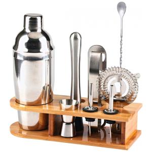 Kit Bartender Profissional 10 Peças em Aço Inoxidável com Suporte de Madeira, Hendricks Mixology, Prata