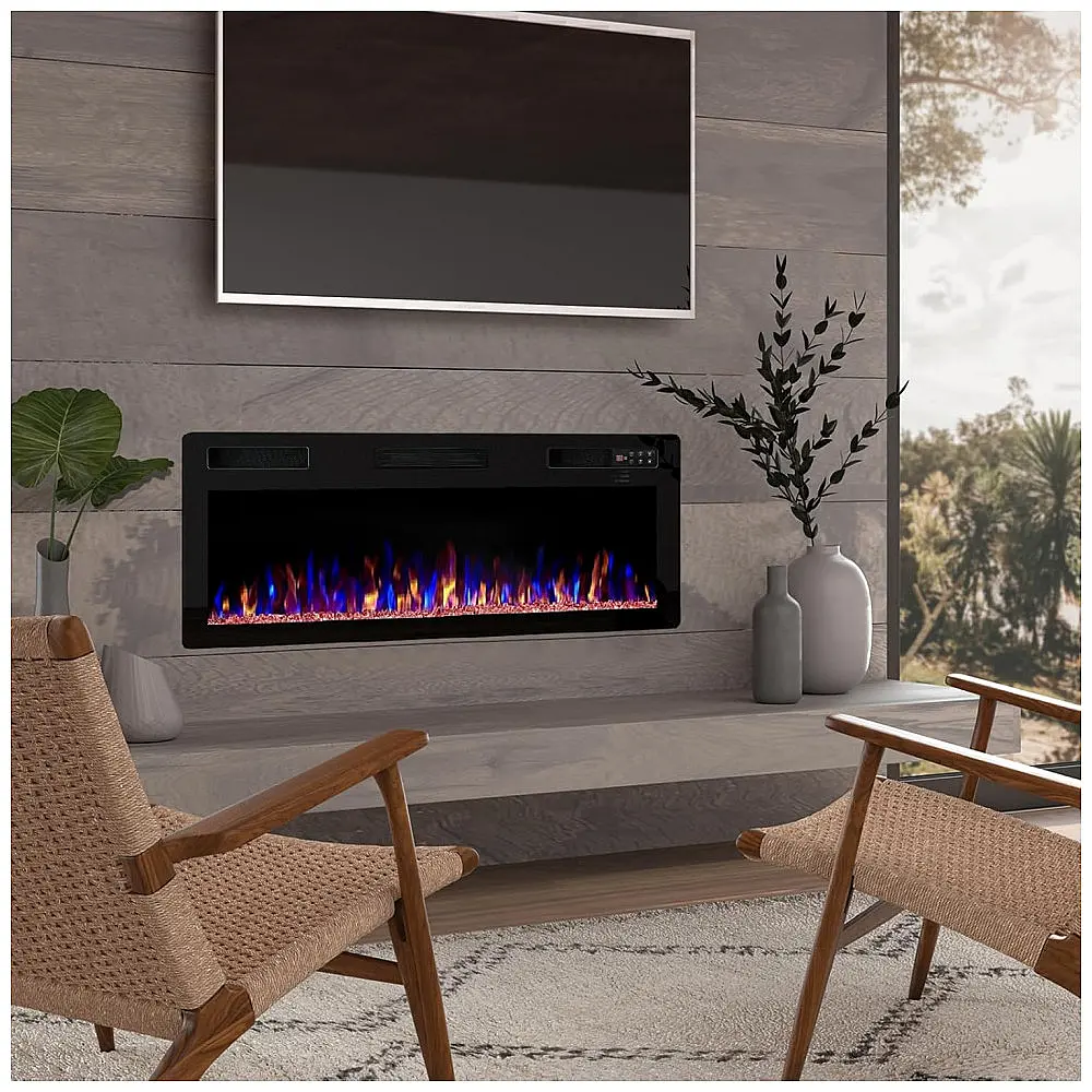 Lareira Elétrica BOSSIN de Embutir Ultrafina A45x106L com Controle Remoto e Digital, Luz LED, Chama Ajustável 110V, 1500W, Preta — foto 3