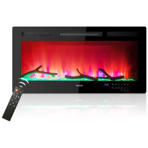 Lareira Elétrica de Embutir A45x91L com Controle Remoto, Temporizador e Chamas Ajustável, 110V, VEVOR, Preta