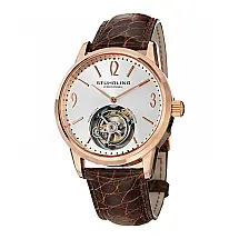 Relógio Stuhrling Tourbillon Cuvette 41mm Corda Manual, Mostrador Prateado com Detalhes Rosa, Pulseira de Couro Crocodilo e Fivela de