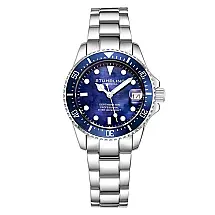 Relógio Masculino Stuhrling Depthmaster 32mm, Mostrador Azul, Pulseira Aço Inoxidável Prateada com Fivela de Implantação