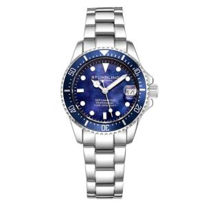 Relógio Masculino Stuhrling Depthmaster 32mm, Mostrador Azul, Pulseira Aço Inoxidável Prateada com Fivela de Implantação