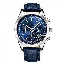 Relógio Masculino Stuhrling Rialto 44mm Cronógrafo Azul, Pulseira de Couro Azul com Fivela Prateada
