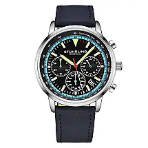Relógio Stuhrling 3986L Cronógrafo 44mm, Mostrador Preto, Pulseira Couro Azul e Fivela Prateada
