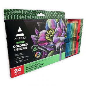 Lápis de Cor Metálicos ARTEZA, Conjunto com 24 Cores, Formato Triangular, Pré-Afiados, Materiais de Arte para Desenho e Colorir