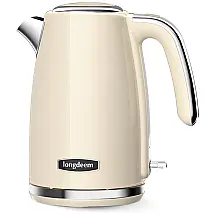 Chaleira Elétrica Retrô 1,7L em Aço Inoxidável com Desligamento Automático e Proteção Contra Fervura, 110V 1500W, Longdeem, Creme