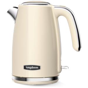 Chaleira Elétrica Retrô 1,7L em Aço Inoxidável com Desligamento Automático e Proteção Contra Fervura, 110V 1500W, Longdeem, Creme