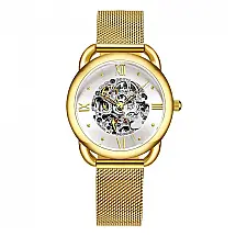 Relgio Stuhrling 3990M Automtico 36mm, Mostrador Prateado, Pulseira de Ao Inoxidvel Dourada com Fivela Dobrvel em Camadas de Ouro