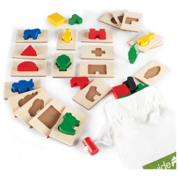 Jogo sensorial 3D Feel & Find Icons Guidecraft em madeira para associação tátil de formas e peças