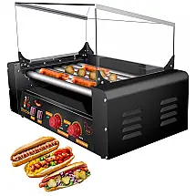 Máquina de grelhar cachorro quente, máquina de fogão elétrica 18 cachorro quente 7 rolos com tampa preto, WANTJOIN