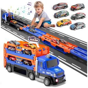 Caminhão de Transporte 2 em 1 Vira Pista de Corrida, Inclui Carros de Metal, Idade Rec 3 a 7 Anos.