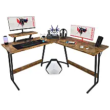 Mesa Gamer em L Homall Marrom Clássico Fibra de Carbono Suporte Monitor 129,5cm x 129,5cm x 73,7cm