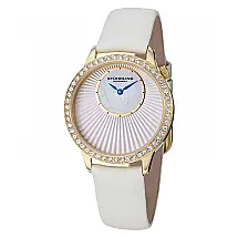 Relógio Stuhrling Moda Radiante 336, 34mm, Mostrador Branco, Ouro, Pulseira de Couro Branco e Fivela Tang.