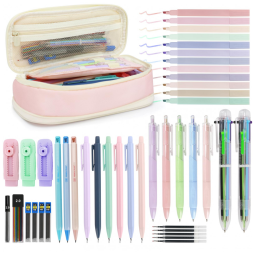 Kit escolar 43 peças JEVONI com estojo rosa, marcadores pastel, lapiseiras e canetas esferográficas 6 cores