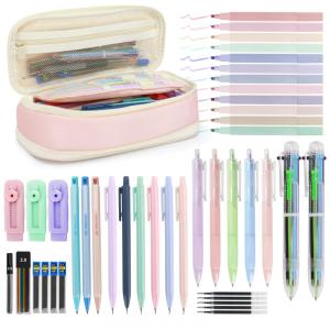 Kit escolar 43 peças JEVONI com estojo rosa, marcadores pastel, lapiseiras e canetas esferográficas 6 cores