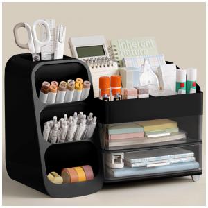 Organizador de mesa HBlife preto com porta‑canetas, 4 compartimentos superiores e 2 gavetas para escritório, casa e escola