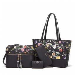 Conjunto de Bolsas Femininas em Couro Sintético 4 Peças com Carteira, Lovematch, Preto Florido