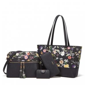Conjunto de Bolsas Femininas em Couro Sintético 4 Peças com Carteira, Lovematch, Preto Florido