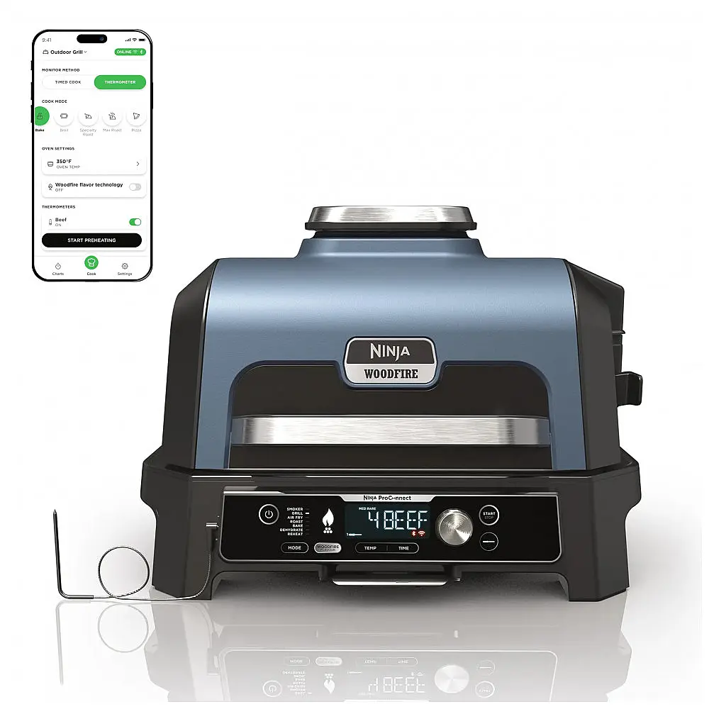 Churrasqueira e Defumador Ninja OG951 Woodfire Pro Connect XL a Pellets 7 em 1 Com Air Fryer Externo Bluetooth