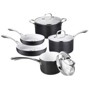 Conjunto de Panelas e Frigideiras Antiaderente em Aço Anodizado Revestida em Cerâmica Branca, 8 Peças, AMERICOOK 1121002, Preto