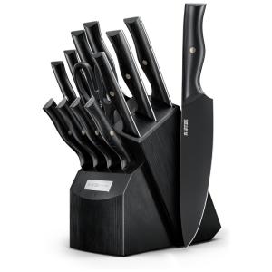 Conjunto de Facas em Aço Inoxidável com Bloco de Bancada e Cabo Ergonômico, 13 Peças, Yatoshi Knives, Preto