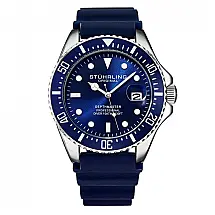 Relógio Masculino Stuhrling Depthmaster 42mm, Mostrador Azul, Pulseira Borracha Azul com Fivela Prata