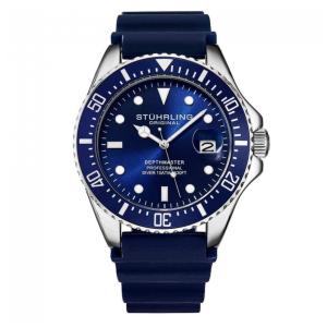 Relógio Masculino Stuhrling Depthmaster 42mm, Mostrador Azul, Pulseira Borracha Azul com Fivela Prata