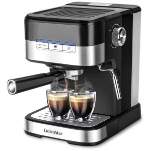 Cafeteira Elétrica Expresso Automática 1.5L 15 Bar de Aço Inoxidável e Espumador de Leite, 850W, 110v, CUISINSTAR, Preto