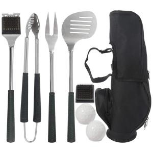 grilljoy 8pc Golf Club Style BBQ Grilling Set with Long Heat Proof Grips, Stainless Steel BBQ Grilling Utensils in Golf Club Bag