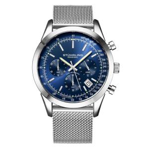 Relgio Masculino Crongrafo H975SS de 44mm, com Mostrador Azul e Pulseira em Prata Stuhrling