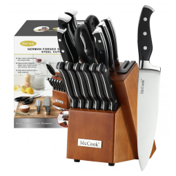 Conjunto de Facas McCook MC23A em Aço Inoxidável com Bloco de Bancada e Afiador Embutido, 15 Peças, Preto.