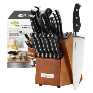 Conjunto de Facas McCook MC23A em Aço Inoxidável com Bloco de Bancada e Afiador Embutido, 15 Peças, Preto.