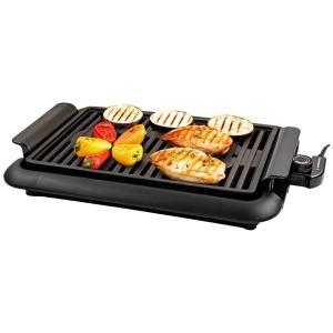 Churrasqueira Elétrica OVENTE com Superfície Antiaderente de 38x25 cm, 1200W, Controle de Temperatura, Placa de Grelhar e Bandeja de
