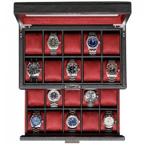 Caixa, Estojo de Couro e Tampo de Vidro para Relógios com 20 Compartimentos, ROTHWELL, Preto e Vermelho