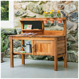 Banco de jardinagem infantil externo Martha Stewart Kids Natural em madeira acácia com bancada extensível, nichos e acessórios