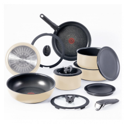Jogo de Panelas e Frigideiras Antiaderentes, Material em Alumínio e Granito com 14 Peças e Cabo Removível, T-Fal, Baunilha Francesa