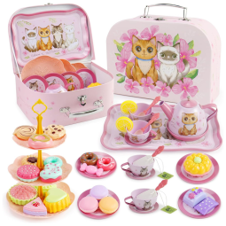 Jogo de Chá Infantil 50 Peças com Tema de Gato e Maleta de Transporte para Crianças Acima de 3 Anos, Fudragtn, Rosa